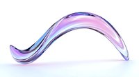 Curved glass or crystal wave shape in pink and purple gradient colors with smooth glossy surface and transparent effect on white background, isolated.