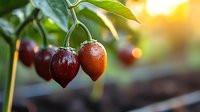 Fresh ripe tamarillo fruits with water drops hanging on branch against blurred garden background in morning sunlight, exotic tropical produce.
