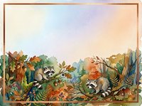 Woodland animals including raccoons, birds, and foliage in watercolor style with gradient pastel background. Isolated design on cream border, ready for children's products, nursery decor, and educational materials.