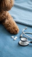 Brown curly-haired dog paw near scattered pills and stethoscope on blue fabric, representing veterinary care, pet health checkup, and animal medicine for healthcare and wellness concepts.
