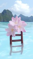 Pink plumeria flowers on wooden stand in turquoise tropical water with mountain landscape backdrop, creating serene spa and wellness atmosphere.