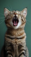 Striped tabby cat yawning with open mouth showing fangs and pink tongue against green background, close-up portrait capturing playful feline expression.