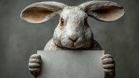 Gray rabbit with large ears holding blank sign against dark background, ready for custom message or advertisement.
