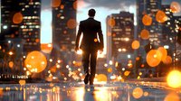 Silhouette of businessman walking on reflective surface at night with glowing bokeh lights and urban skyline, creating magical atmosphere of success.