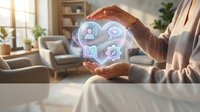 Smart home automation concept with hands protecting digital icons representing connected devices and IoT technology for modern living spaces.