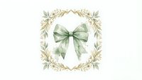 Watercolor sage green bow with golden botanical wreath frame on white background, isolated clipart for wedding invitations and holiday decorations.