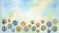 Colorful watercolor paw prints in various hues arranged across soft pastel background. Suitable for pet-related designs, animal lovers' projects, veterinary materials, and children's artwork applications.