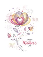 Happy Mother's Day greeting card with decorative line art flower in heart shape, purple and pink colors on white background for celebration design.