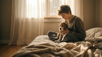 Young mother with curly hair bonding with baby on bed in warm sunlit bedroom. Tender maternal moment capturing love and connection between parent and infant.