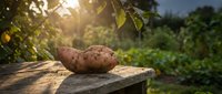 Fresh sweet potato on a rustic wooden surface with a sunlit garden background, showcasing organic farm produce in natural light.