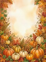 Autumn harvest frame with pumpkins, gourds, fall leaves, and decorative vines on warm watercolor background. Isolated design element ready for greeting cards, invitations, and seasonal marketing materials.