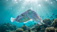 Cuttlefish swimming gracefully in crystal clear turquoise ocean water with sunlight rays filtering through creating magical underwater atmosphere.
