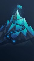Abstract geometric mountain peak with winding path and flag on dark blue background. Low poly style design for business success and achievement concepts.