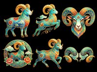 Ornate zodiac ram and goat characters with decorative gold, turquoise, and coral patterns. Isolated on transparent background, ready for t-shirts, stickers, clipart, sublimation, and print-on-demand designs.