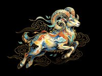 Ornate ram with curved horns leaping through decorative clouds, featuring intricate gold, blue, and orange patterns. Isolated on transparent background, ready for t-shirts, stickers, clipart, sublimation, and print-on-demand designs.