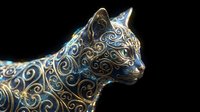 Ornate metallic cat sculpture with intricate swirl patterns and decorative engravings on black background for luxury design projects.