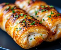 Flaky golden pastries filled with savory ingredients, topped with black sesame seeds and fresh herbs. Close-up macro shot showing delicate layers and glossy surface.
