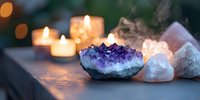 Amethyst crystal cluster and healing stones with glowing candles creating spiritual atmosphere on wooden surface. Meditation and mindfulness concept.