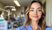 Young female medical professional in blue scrubs smiling warmly at camera in hospital setting with dental equipment and examination room visible in background.