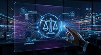 Digital legal technology interface with scales of justice hologram and compliance data visualization for law firms and regulatory management solutions.