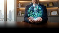 Businessman in dark suit holding glowing digital hologram of smart city infrastructure with buildings and network connections, representing urban technology and innovation.