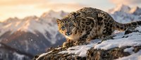Snow leopard crouching on rocky mountain ledge during golden hour with snowy peaks and warm sunset light creating dramatic wildlife scene in high altitude habitat.