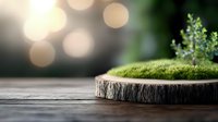 Natural moss growing on wooden log slice with soft bokeh lights background creating organic eco-friendly display platform for product presentation.