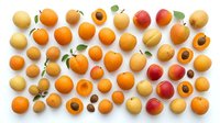 Colorful stone fruits collection with apricots, peaches, plums arranged on white background. Fresh summer produce pattern for healthy eating concepts.