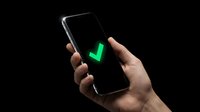 Hand holding smartphone displaying bright green checkmark on black screen against dark background, symbolizing approval, success, confirmation, and positive validation for mobile app design.