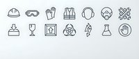 Safety equipment and hazard warning icons set featuring protective gear, chemical symbols, and workplace safety signs for industrial use.