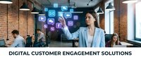 Woman in business casual attire interacting with glowing digital icons in modern office environment with colleagues, representing customer engagement and digital communication solutions.