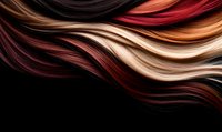 Flowing strands of multi-colored hair in waves of brown, red, and blonde against black background, showcasing different hair dye techniques and color transitions.