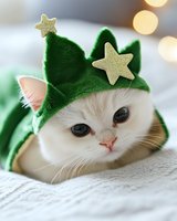Adorable cream kitten wearing green elf hat with gold stars, lying on white blanket with soft bokeh lights in background.