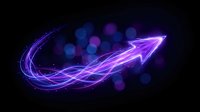 Glowing neon arrow pointing upward with flowing purple and blue light trails on dark background, representing growth, progress, success, and forward momentum for business presentations.