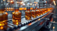 Pharmaceutical manufacturing line with amber glass bottles on automated conveyor belt, industrial quality control process for medicine production in modern facility.