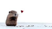 Young beaver sitting on snow with red heart floating above, expressing love and tenderness in winter nature setting, romantic wildlife concept for Valentine's day cards.