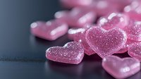 Pink sugar coated heart shaped candy on dark background with selective focus and bokeh effect, romantic sweet food concept for Valentine's Day celebration.