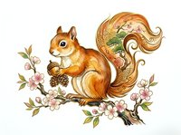 Adorable squirrel with ornate tail sitting on flowering branch, isolated on white background. Charming woodland creature illustration for children's designs, nursery decor, and storybook artwork.