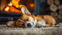 Adorable Shiba Inu puppy sleeping peacefully on soft carpet near cozy fireplace with warm flames and stacked firewood creating comfortable home atmosphere.