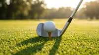 Golf club and ball on green grass course during golden hour sunset with warm sunlight creating perfect playing conditions for recreational sport activity.