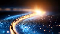 Abstract glowing curved line with particles and light effects on dark background, blue and gold colors create futuristic technology concept.
