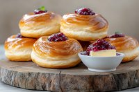 Fresh baked sweet donuts filled with berry jam and cream served on rustic wooden board with white ceramic bowl of red berry preserve.