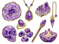 Amethyst crystal geode slice, raw cluster, polished stone jewelry set with gold trim. Isolated gemstones for design, clipart, and decorative projects.