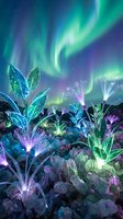 Magical glowing plants with fiber optic lights under aurora borealis sky creating fantasy landscape with luminescent vegetation and northern lights display.