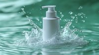 White cosmetic pump bottle splashing in turquoise water with droplets creating dynamic water crown effect for skincare advertising.