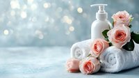 Spa wellness setting with pink roses, white towels and cosmetic bottle on light blue background with bokeh lights for beauty and relaxation concept.