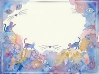 Watercolor frame border with playful cats and mystical eyes in purple blue tones. Copy space for text, invitations, greeting cards, scrapbooking projects.