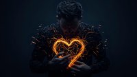 Young African American man holding glowing fiery heart shape with particles and sparks against dark background, dramatic lighting creates mystical atmosphere.