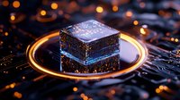 Glowing cube with blue light on electronic circuit board surrounded by orange neon ring, futuristic technology concept with bokeh background effect.