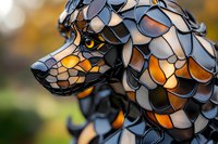 Artistic metal sculpture of dog head with mosaic pattern in blue, orange and silver tones against blurred natural background, showcasing detailed craftsmanship.